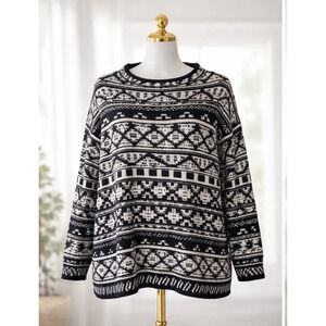 J. Jill Pullover Sweater Black & White Knit Heavyweight Soft Wool Blend Size PXL